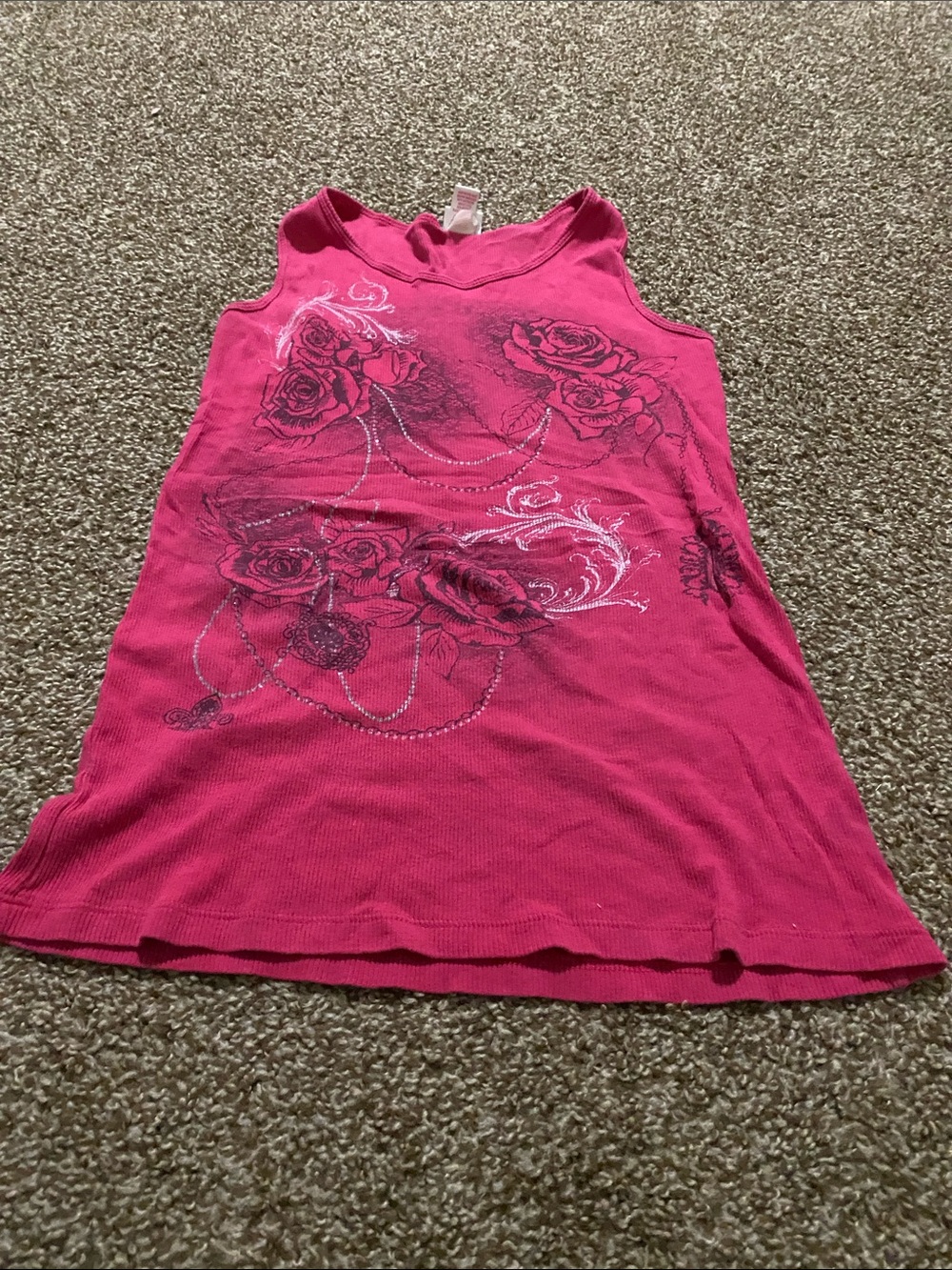 Girls Hot Pink Floral Beaded Graphic Tank Top
